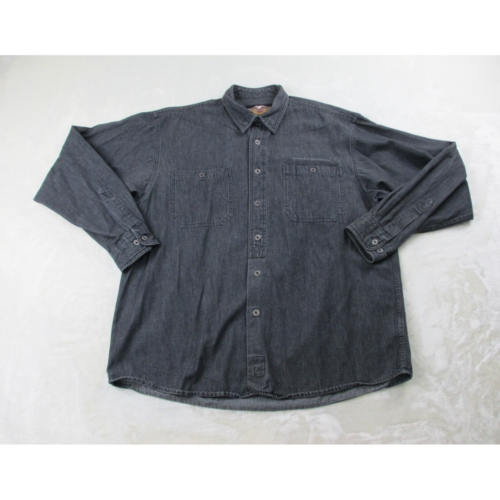VINTAGE Harley Davidson Shirt Mens Extra Large Black Button Up Denim Motorcycle